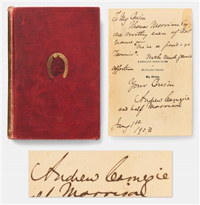 Andrew Carnegie Signed Copy of An American Four-in-Hand in Britain -- Inscribed to His Scottish Cousin Thomas Morrison, We is proud o ye Tammie