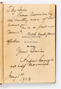 Andrew Carnegie Signed Copy of ''An American Four-in-Hand in Britain'' -- Inscribed to His Scottish Cousin Thomas Morrison, '''We is proud o ye Tammie'''