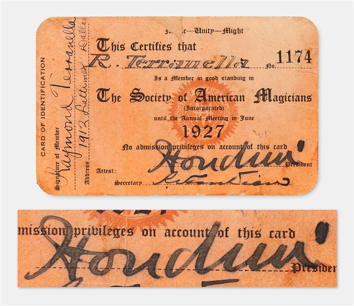Harry Houdini Signed Membership Card for The Society of American Magicians -- With University Archives COA