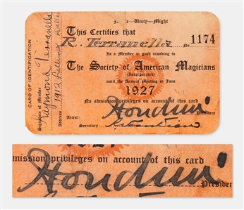 Harry Houdini Signed Membership Card for The Society of American Magicians -- With University Archives COA