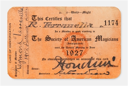 Harry Houdini Signed Membership Card for The Society of American Magicians -- With University Archives COA