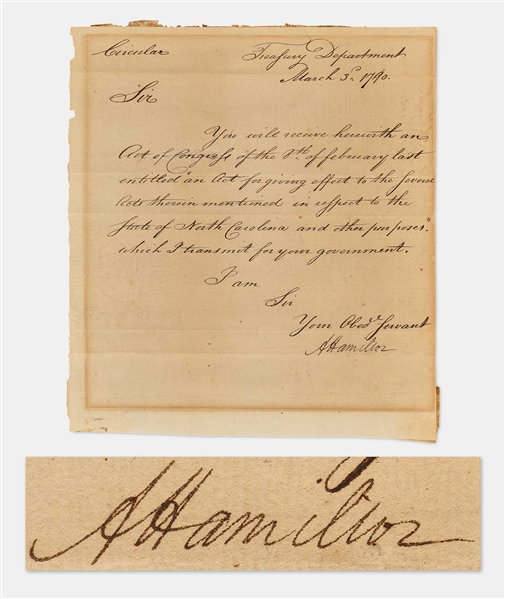 Alexander Hamilton Signed 1790 Document Establishing North Carolina as a U.S. State