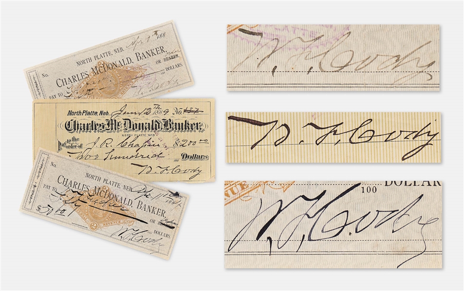 Lot of 3 William F. Cody Buffalo Bill Signed Checks, Completed in His Hand -- Includes One Check to Artist John R. Chapin Who Created the Popular Image of Cody as Buffalo Bill