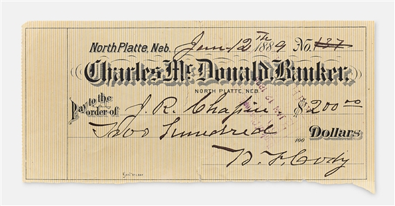 Lot of 3 William F. Cody ''Buffalo Bill'' Signed Checks, Completed in His Hand -- Includes One Check to Artist John R. Chapin Who Created the Popular Image of Cody as ''Buffalo Bill''