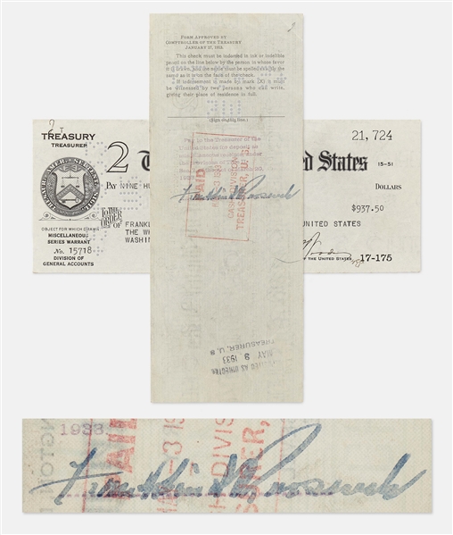 President Franklin D. Roosevelt Signed Paycheck from the U.S. Treasury -- Dated April 1933 a Month After Taking Office, FDR Gets Paid Back for His Automatic Pay Cut from the Economy Act of 1933